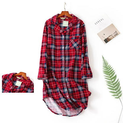 Nightgown 100% Brushed Cotton Nightshirts Women's Sleepwear Long Sleeve Plaid Winter Oversize Sleep Dress Women Home Clothes