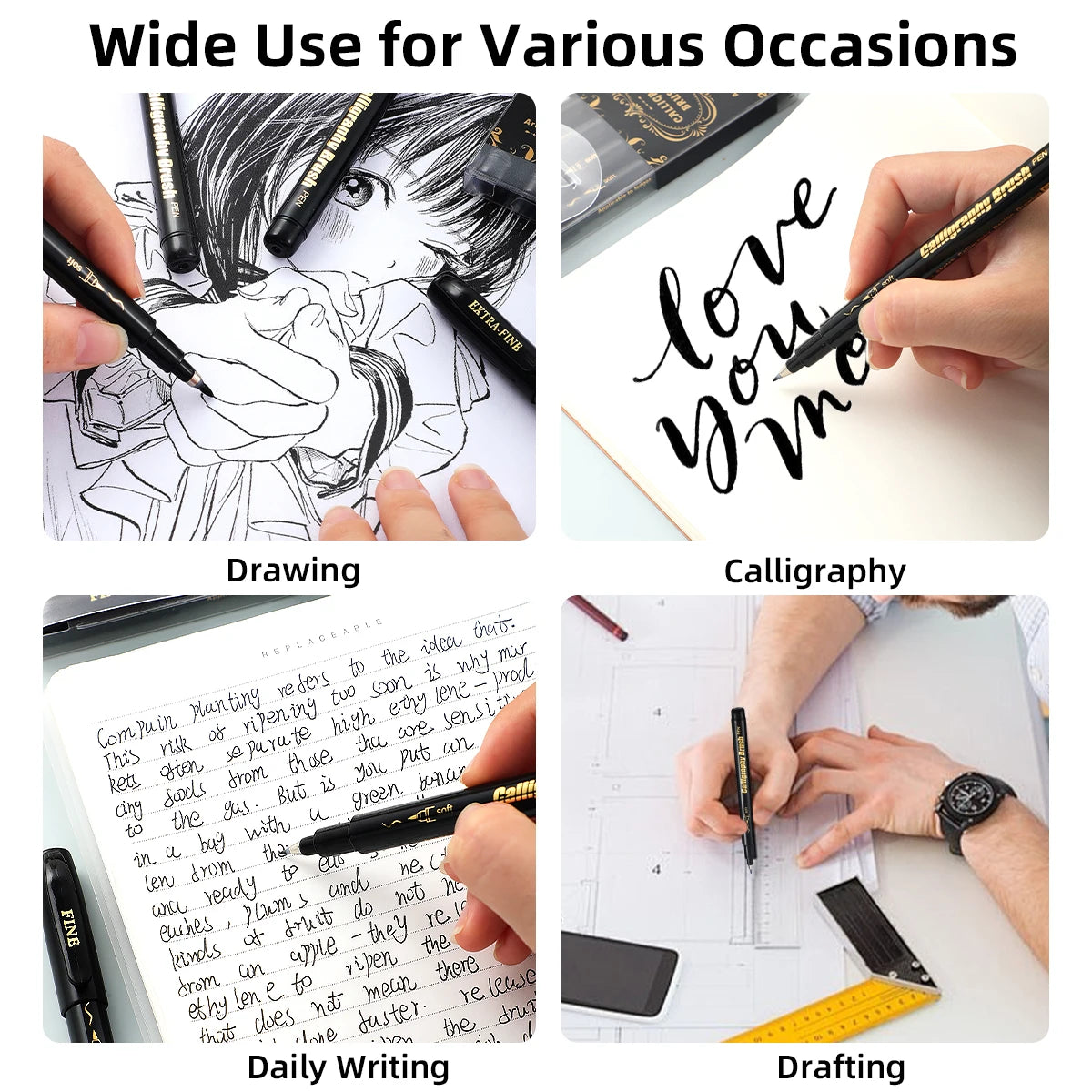 4 Pcs Black Hand Lettering Calligraphy Pen Set Drawing Writing Learning Fine Brush Markers Art Supplies Manga Pen