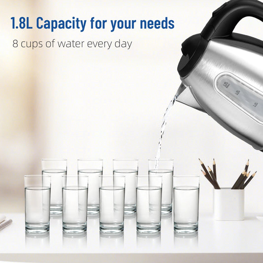 1.8L Stainless Steel Electric Kettle with Water Level Window, Auto Shut-Off, Boil-Dry Protection, 1100W Fast Boiling