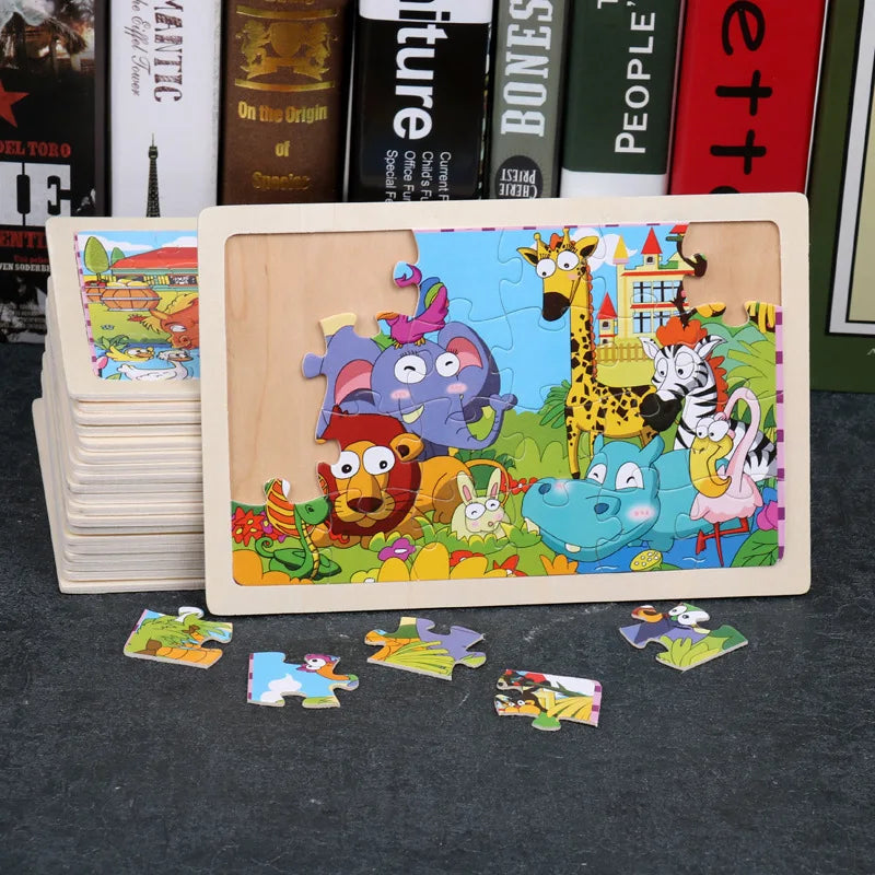 New 24 Pieces Wooden Puzzles Cartoon Animal Wood Jigsaw Learning Toys for GIFT