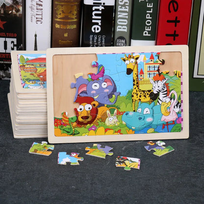 New 24 Pieces Wooden Puzzles Cartoon Animal Wood Jigsaw Learning Toys for GIFT