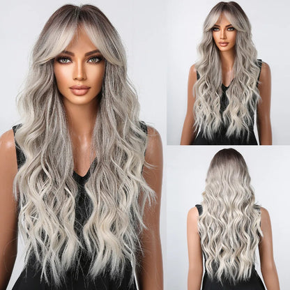 HENRY MARGU Long Brown Wavy Synthetic Wigs Middle Part Natural  Curly Wig for Black Women Cosplay Daily Heat Resistant Fake Hair
