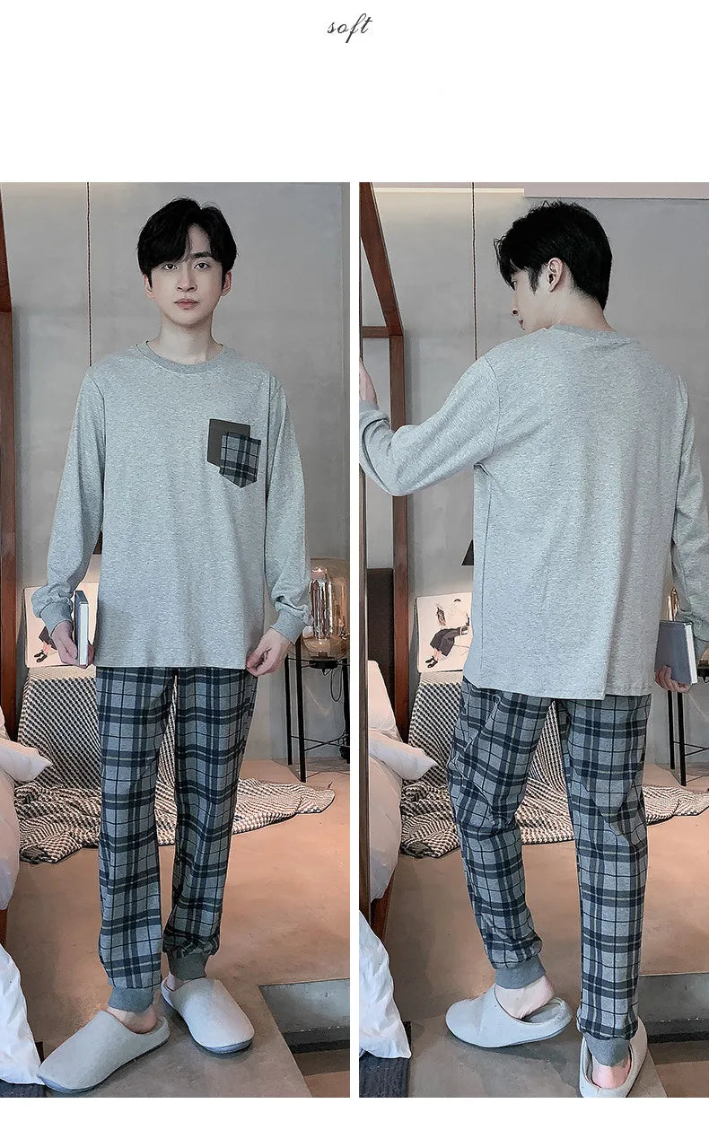 Spring Autumn Plus 4XL Knitted Men's Sleepwear Letter Lattice Pajamas Plaid Pajamas Sets Casual Loungewear Pyjamas Night Fashion