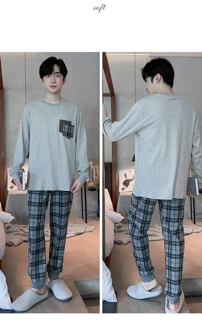 Spring Autumn Plus 4XL Knitted Men's Sleepwear Letter Lattice Pajamas Plaid Pajamas Sets Casual Loungewear Pyjamas Night Fashion
