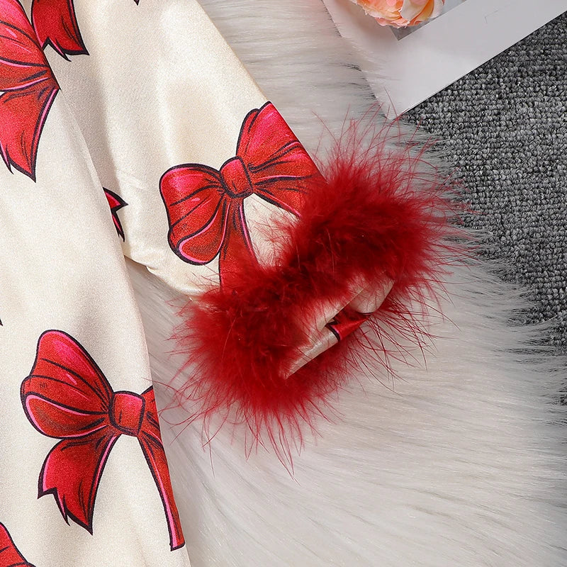 VISgogo Baby Girls Pajamas Long Sleeve Bow Print Furry Patchwork Button Closure Jumpsuit Sleepwear Loungewear