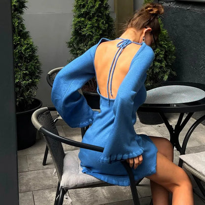 2026 Women Ins Style Sexy Backless Neck-hanging Long Sleeve Fishtail Dress Knit Beachwear Summer Swimsuit Bikini Cover-ups A2825