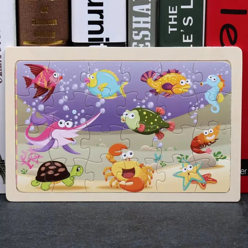 New 24 Pieces Wooden Puzzles Cartoon Animal Wood Jigsaw Learning Toys for GIFT
