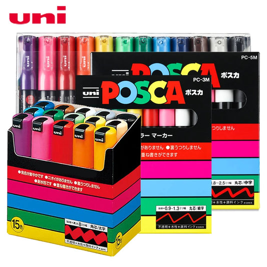 Uni POSCA Marker Pen Set ,PC-1M 3M 5M 7/8/15 Colored Art Acrylic Paint rotulador permanente Pigment Ink For Metal Leather Rock