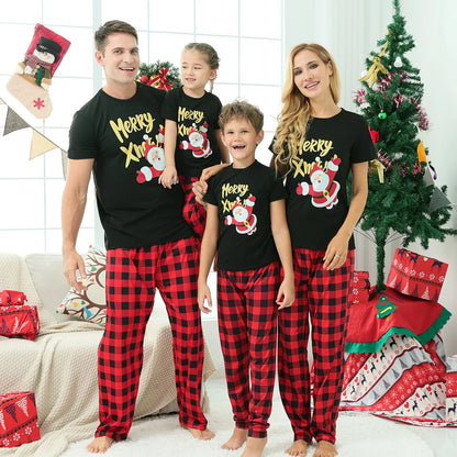 2025 New Year's Costume Short Sleeve Christmas Pajamas Set Matching Outfits for Family/Couples/Kids T-shirt+Trousers Sleepwear