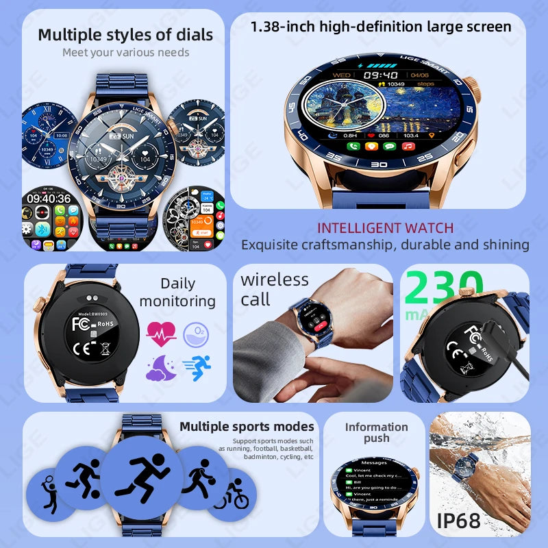 LIGE 2026 Voice Calling Smart Watch Men 1.38" HD IP68 Waterproof Sports Fitness Watches New Man Women Smartwatch For Android iOS