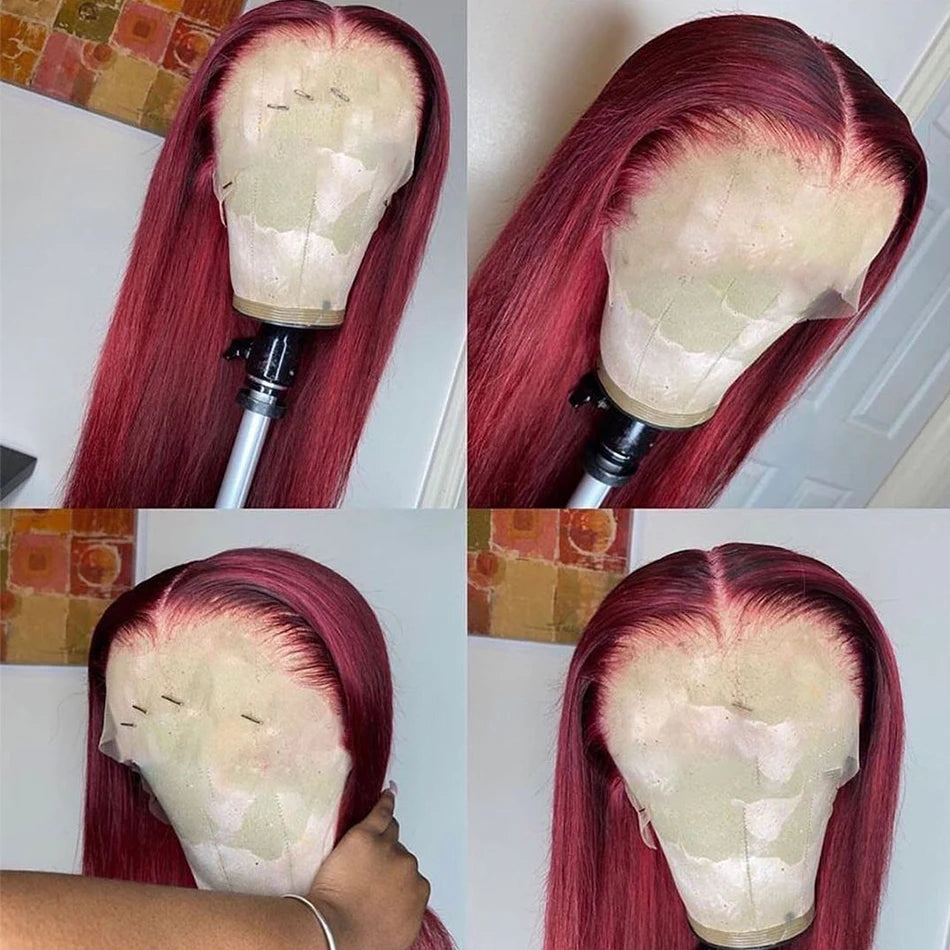 HD Burgundy 99J Straight Lace Frontal Human Hair Wigs 13x4 Transparent Lace Front Wig For Women Brazilian Red Colored Remy Wig