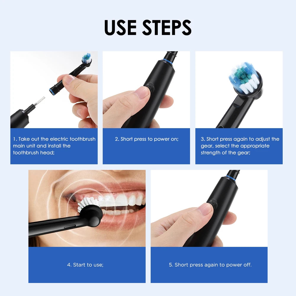 5 Modes Rotating Electric Toothbrush for Adults Smart Timer Deep Clean USB Rechargeable Tooth Brush with Replacement Heads