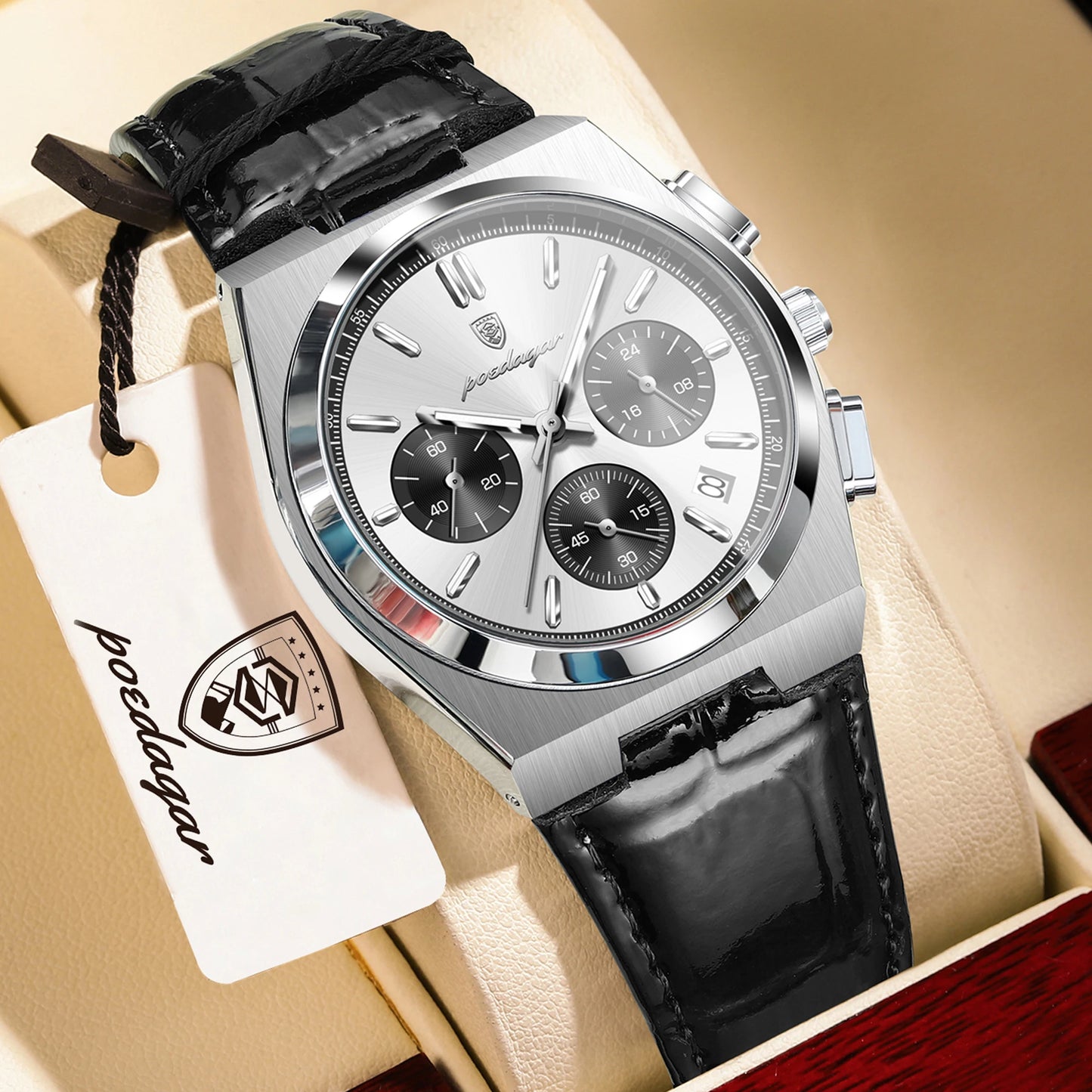 POEDAGAR Business Functional Male Watch Waterproof Luminous Chronograph Date Sports Men Wristwatch Leather Men's Quartz Watches