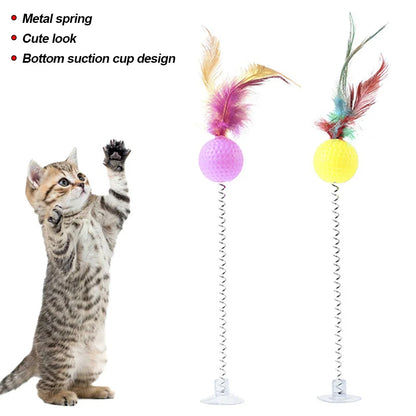 1pc Feather Spring Cat Interactive Toy Suction Cup Cat Fur Ball Teaser Wand Toys Cat Scratcher Toys Pet Supplies Random Color