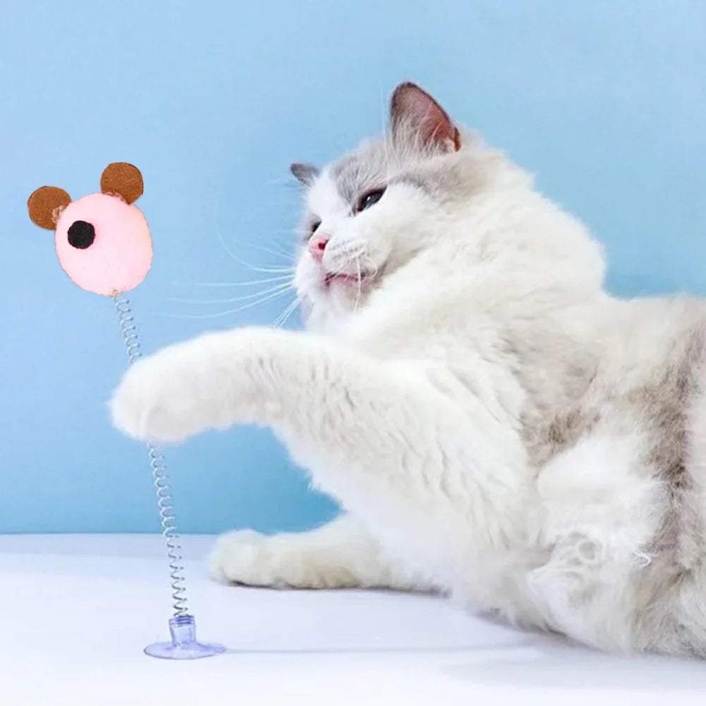 1pc Feather Spring Cat Interactive Toy Suction Cup Cat Fur Ball Teaser Wand Toys Cat Scratcher Toys Pet Supplies Random Color