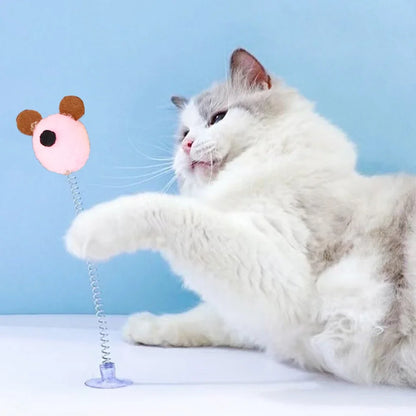 1pc Feather Spring Cat Interactive Toy Suction Cup Cat Fur Ball Teaser Wand Toys Cat Scratcher Toys Pet Supplies Random Color