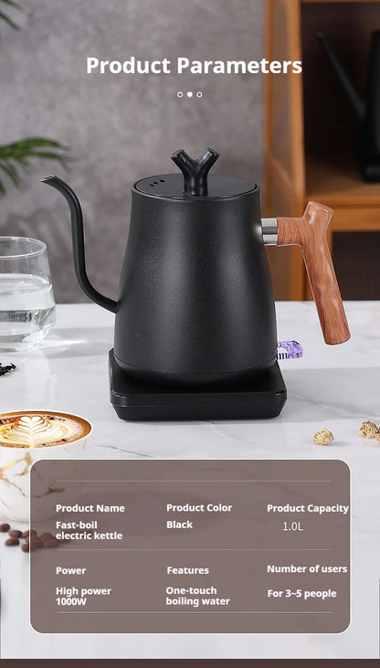 1000W Fast Electric Kettle, 1L Capacity, 304 Stainless Steel, One-Touch Boil & Dry Burn Protection