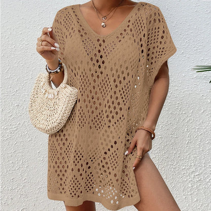 New Style Knitting Hollow Out Loose Beachwear Cover Up Women's Beach Holiday Swimsuit Sunscreen Smock Fashion Bikini Cover-Ups