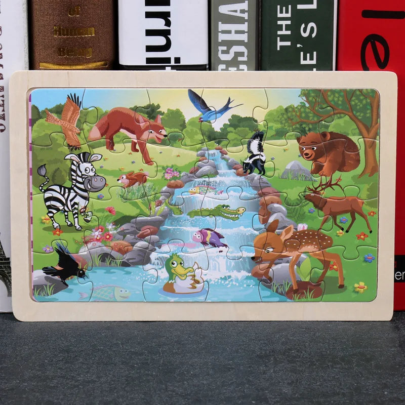 New 24 Pieces Wooden Puzzles Cartoon Animal Wood Jigsaw Learning Toys for GIFT