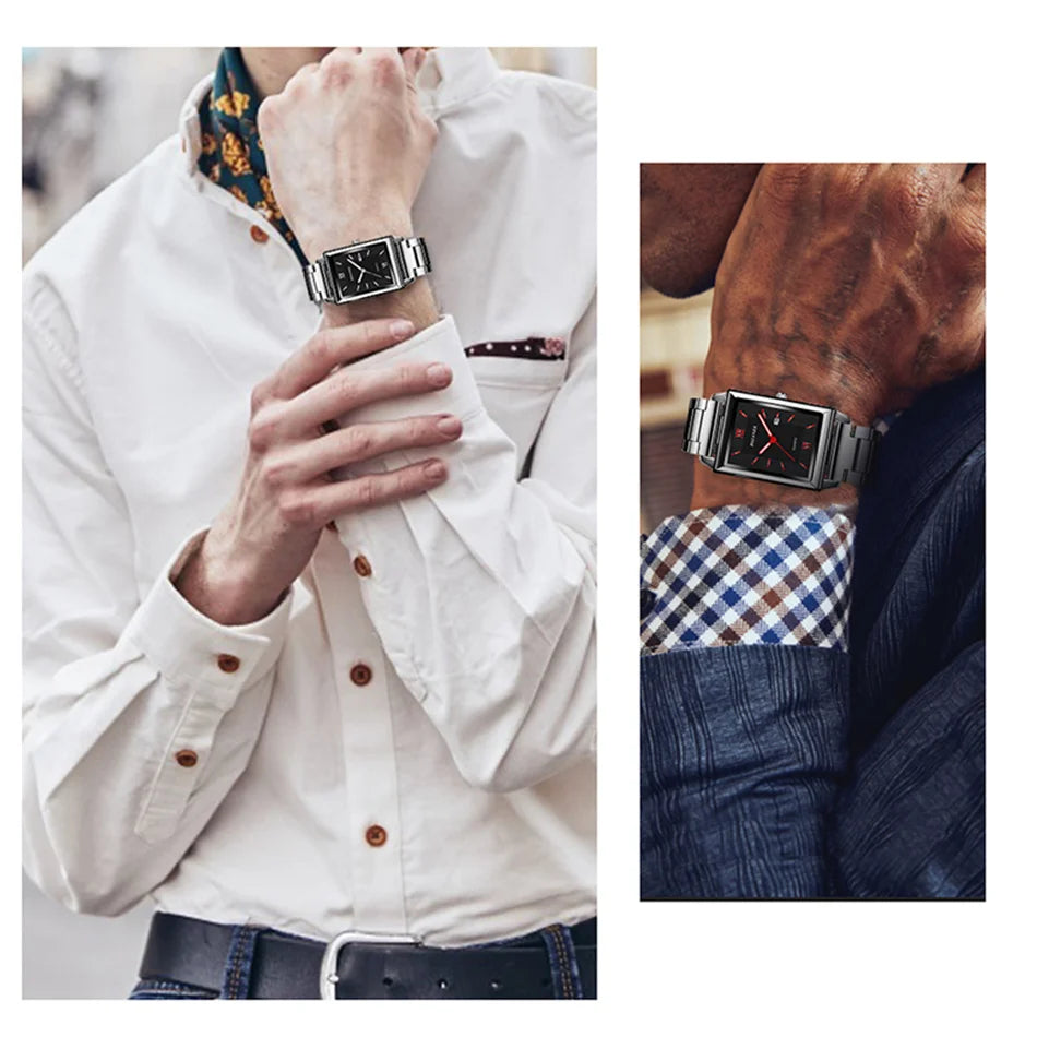 Fashion Mens Business Watches for Men Rectangle Stainless Steel Quartz Wrist Watch Man Casual Leather Watch relogio masculino