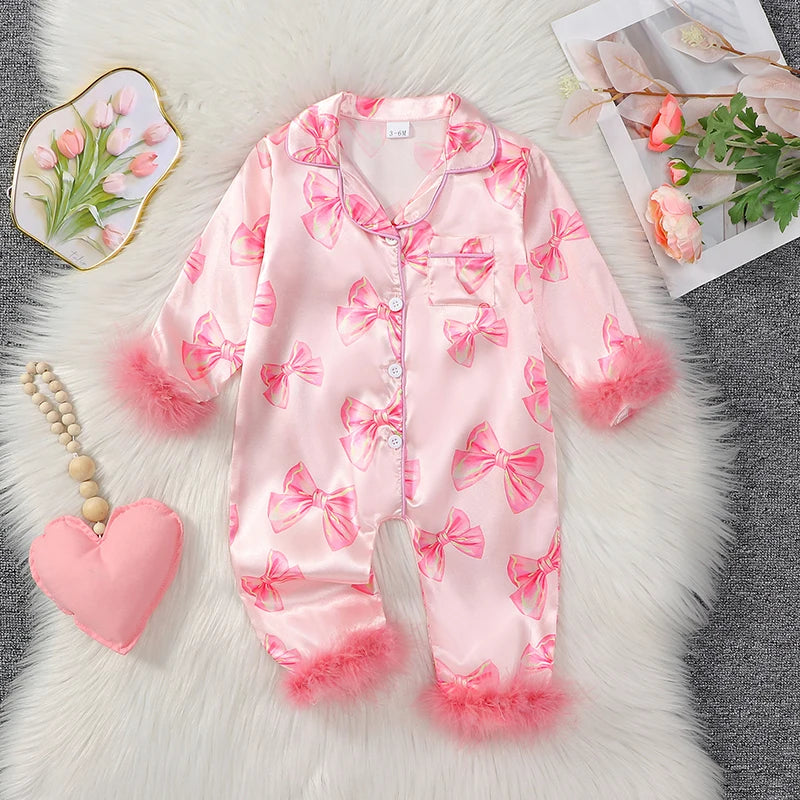 VISgogo Baby Girls Pajamas Long Sleeve Bow Print Furry Patchwork Button Closure Jumpsuit Sleepwear Loungewear