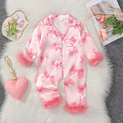 VISgogo Baby Girls Pajamas Long Sleeve Bow Print Furry Patchwork Button Closure Jumpsuit Sleepwear Loungewear