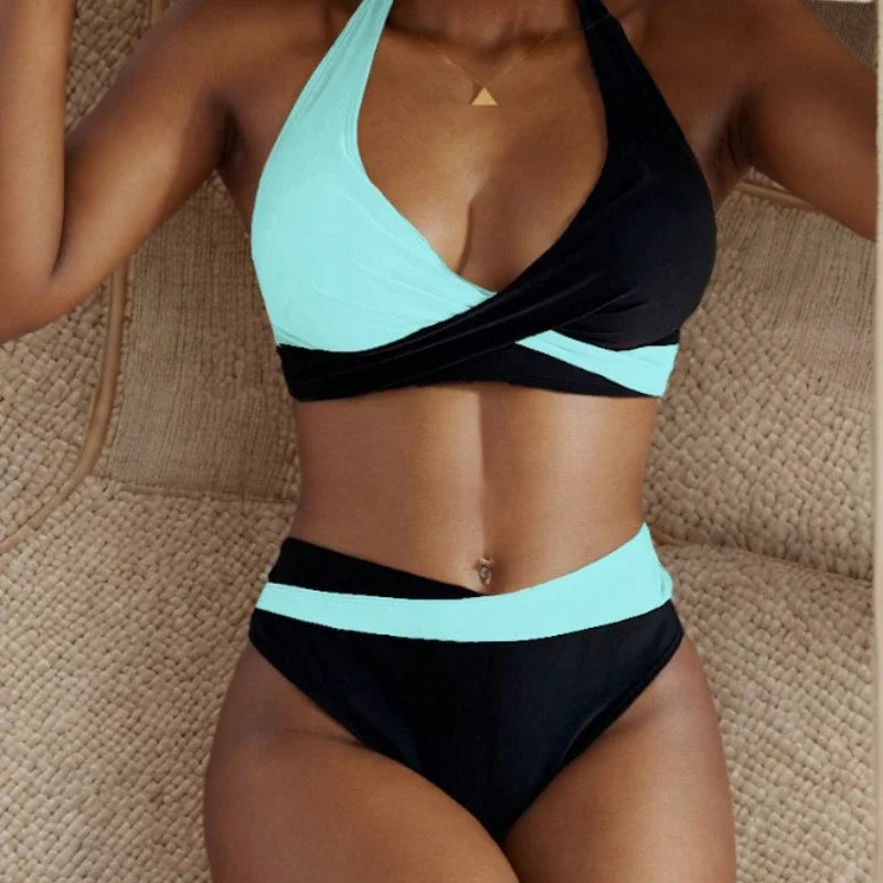 New Sexy Backless Bikini Cross Strap Color Collision Swimwear Women Split Bikini Set Two Pieces Bathing Suit Beachwear Swimsuit