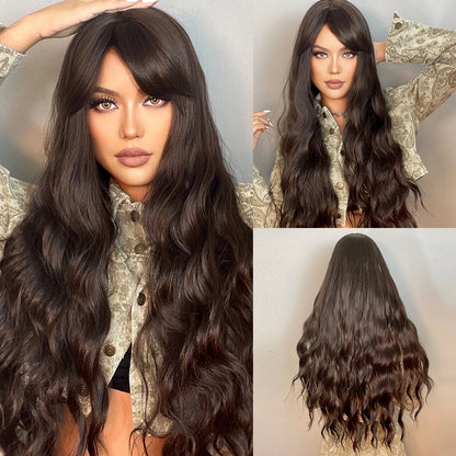 HENRY MARGU Long Brown Wavy Synthetic Wigs Middle Part Natural  Curly Wig for Black Women Cosplay Daily Heat Resistant Fake Hair