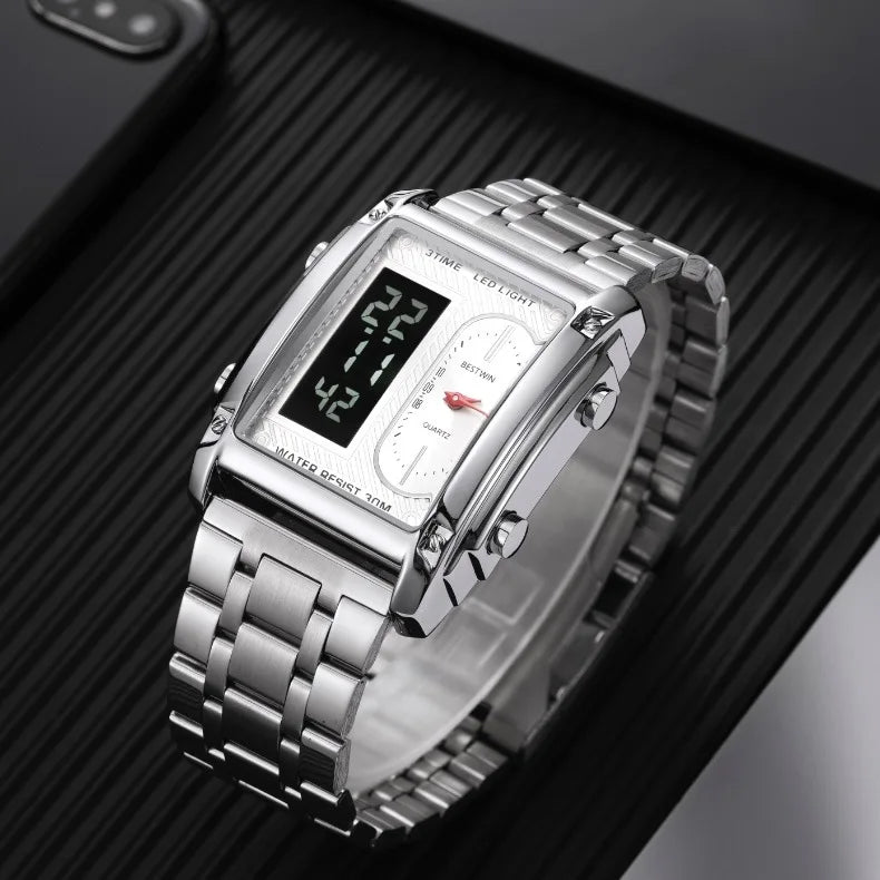 Gold Men Watches Stainless Steel Band Dual Display Men Sports Digital Watches For Male Clock Chronograph Date Waterproof Luxury