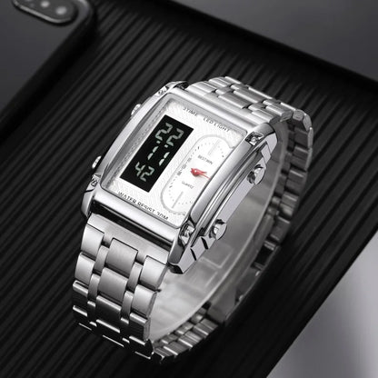 Gold Men Watches Stainless Steel Band Dual Display Men Sports Digital Watches For Male Clock Chronograph Date Waterproof Luxury