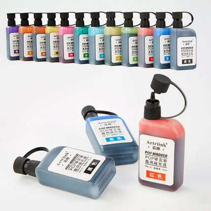 12-Color Alcohol-Based Marker Refill Ink - 25cc Quick-Dry Fade-Resistant Pop Art Marker Ink Cartridges for Artists & Designers