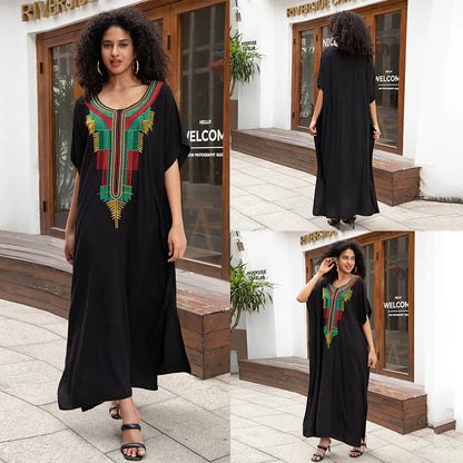 Swimsuit Cover Ups Embroidery V Neck Short Sleeve Swim Cover Up for Women Kaftan Dresses