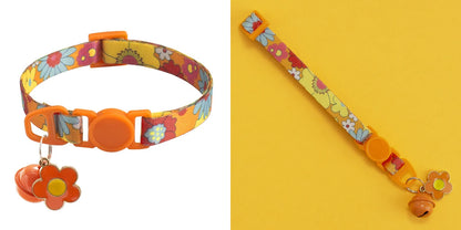 1.0cm Printed Pet Collar Adjustable Safety Buckle Cat Collar with Bell and Metal Flower Pendant for Cats and Puppy Pet Supplies