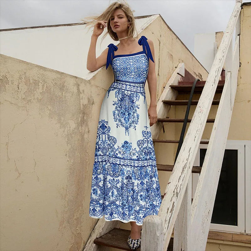 One-piece Women Swimwear Blue Ethnic Style Print Swimsuit  Bodysuit Bikini Set Beach Vacation  Style Wear Maxi Dress Skirt