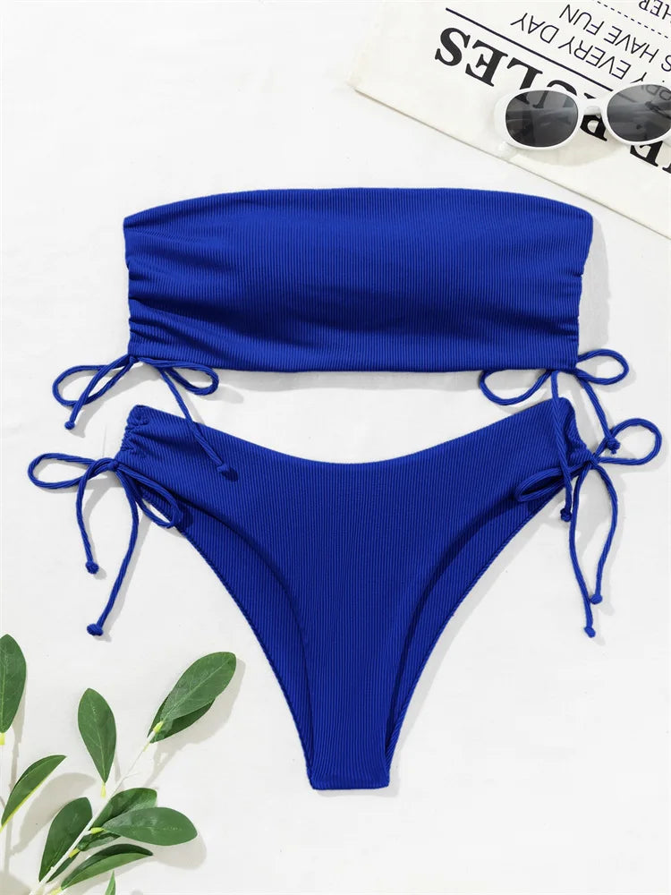 2025 Sexy Low Waist Swimwear New Solid Bandeau Bikini Set Women Push Up Drawstring Beachwear Swimsuit Backless bathing suit