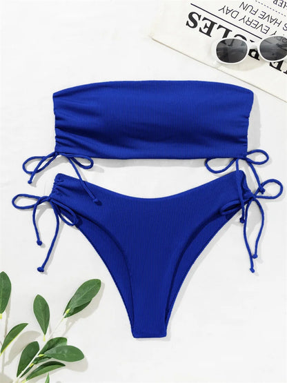 2025 Sexy Low Waist Swimwear New Solid Bandeau Bikini Set Women Push Up Drawstring Beachwear Swimsuit Backless bathing suit