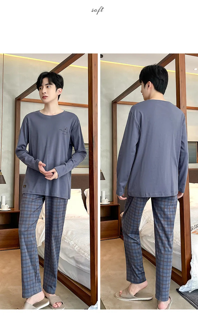 Spring Autumn Plus 4XL Knitted Men's Sleepwear Letter Lattice Pajamas Plaid Pajamas Sets Casual Loungewear Pyjamas Night Fashion