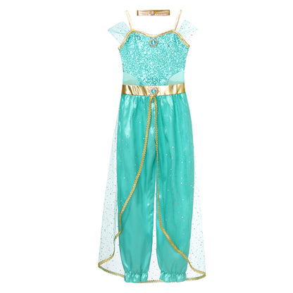Shiny Sequin Gem Girls Halloween Jasmines Costume Kids Arabian Princess Cosplay Fancy Jumpsuit with Choker for Dance Performance
