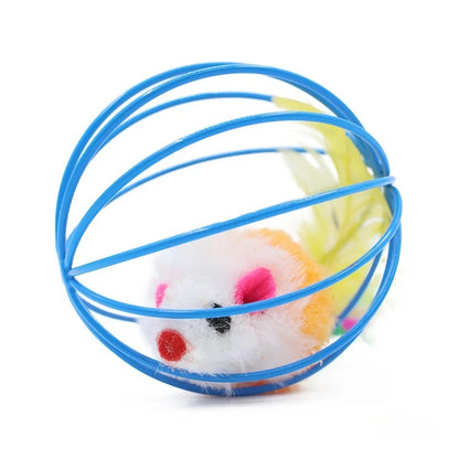 1Pcs Cat Toys Colorful Feathers Colorful Plush Mouse Ball Cage Cat Fun Creative Interactive Toys Pet Supplies Random Colors