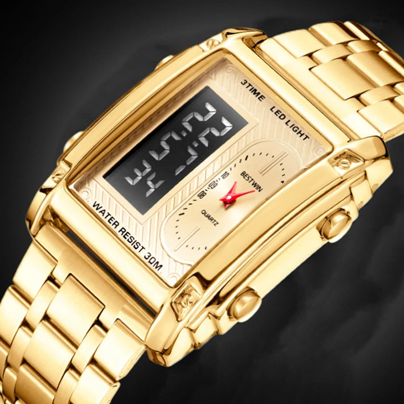 Gold Men Watches Stainless Steel Band Dual Display Men Sports Digital Watches For Male Clock Chronograph Date Waterproof Luxury