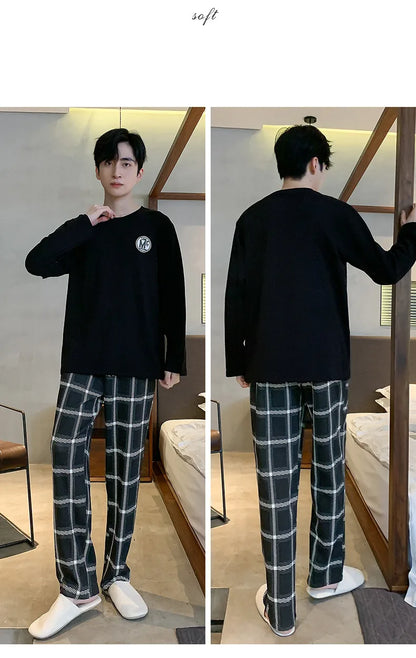 Spring Autumn Plus 4XL Knitted Men's Sleepwear Letter Lattice Pajamas Plaid Pajamas Sets Casual Loungewear Pyjamas Night Fashion