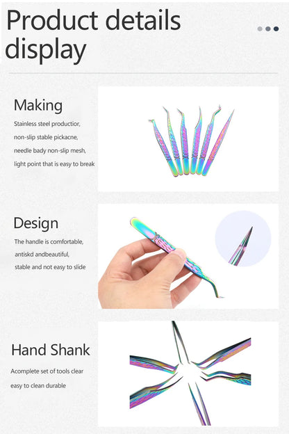 False Eyelash Tweezers Colorful Stainless Steel High Precision Anti-static Eyelash Extension Tweezers Makeup Tools