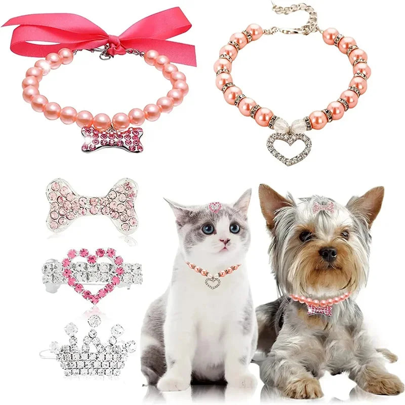 Bling Pearl Dog Collar Small and Medium Dogs Crown Hair Clips Puppy Accessories Doggy Heart and Bone Necklace Pet Supplies