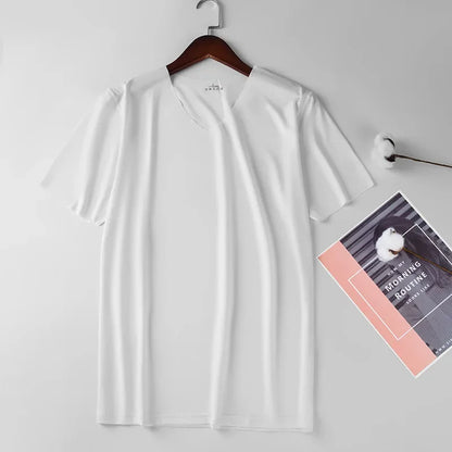 Men's Skinny Undershirt Plus Size Ice Silk Basic Shirts Breathable V-Neck Seamless T-shirt Underwear Thin Slim Bottoming Shirt