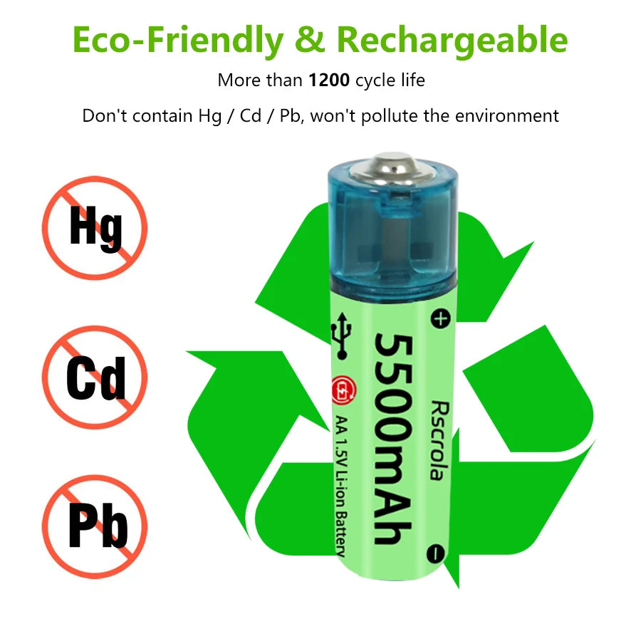 Universal AA Rechargeable Battery Durable 5500mAh Li-ion Battery AA USB Direct Charging for Toys Clocks Game Controllers Cameras