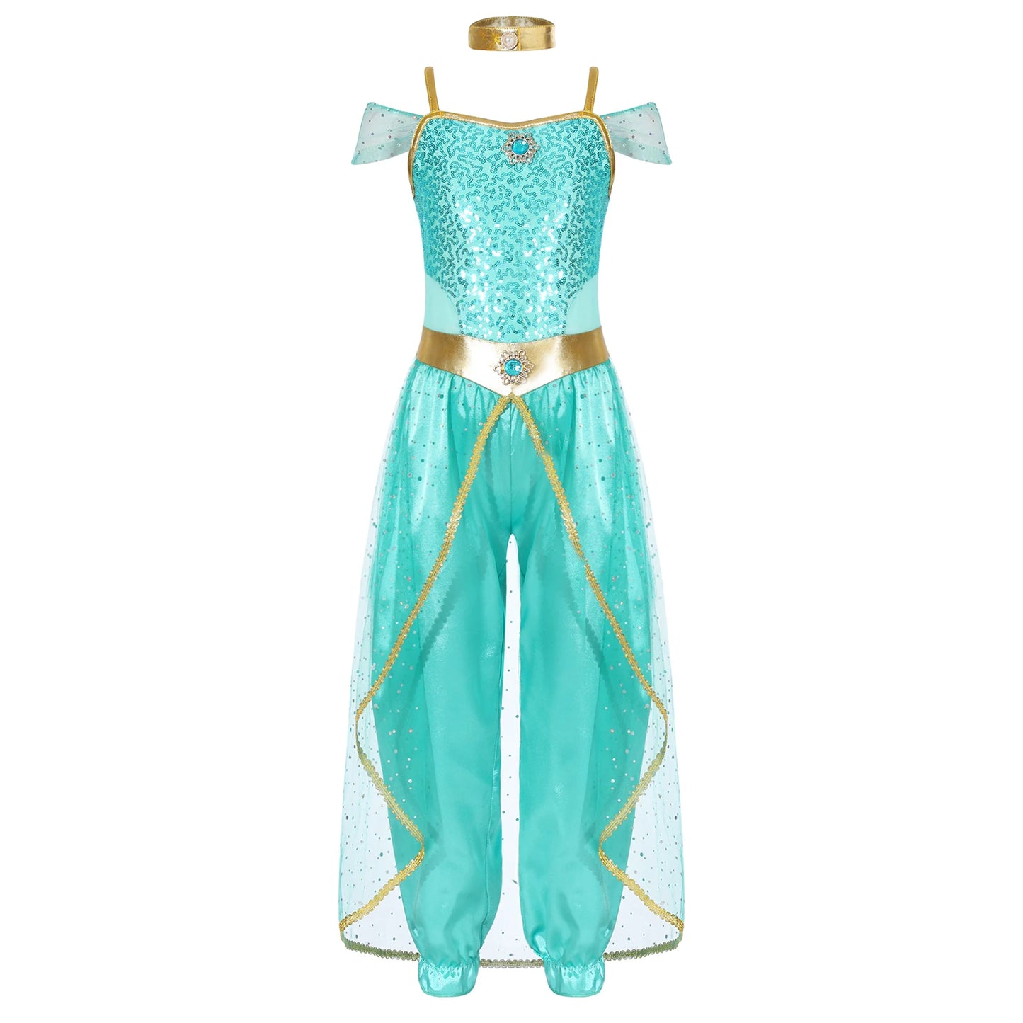 Shiny Sequin Gem Girls Halloween Jasmines Costume Kids Arabian Princess Cosplay Fancy Jumpsuit with Choker for Dance Performance