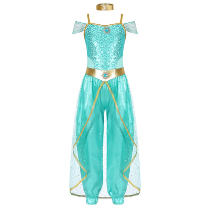 Shiny Sequin Gem Girls Halloween Jasmines Costume Kids Arabian Princess Cosplay Fancy Jumpsuit with Choker for Dance Performance