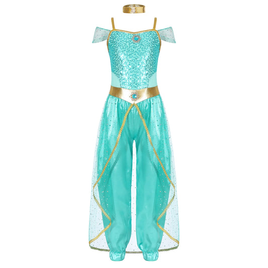 Shiny Sequin Gem Girls Halloween Jasmines Costume Kids Arabian Princess Cosplay Fancy Jumpsuit with Choker for Dance Performance