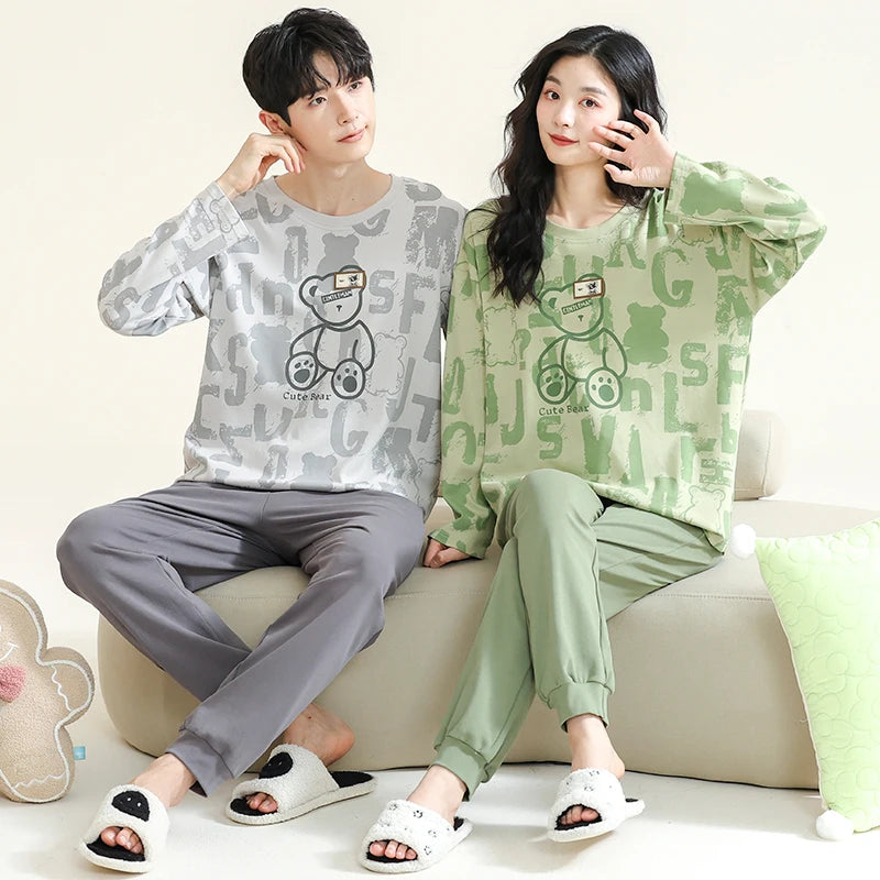 Autumn Couple Pajamas Sets Cartoon Men Sleepwear Leisure Cotton Plus Size Long Sleeve Women Homewear pijama Homme Mujer Dropship
