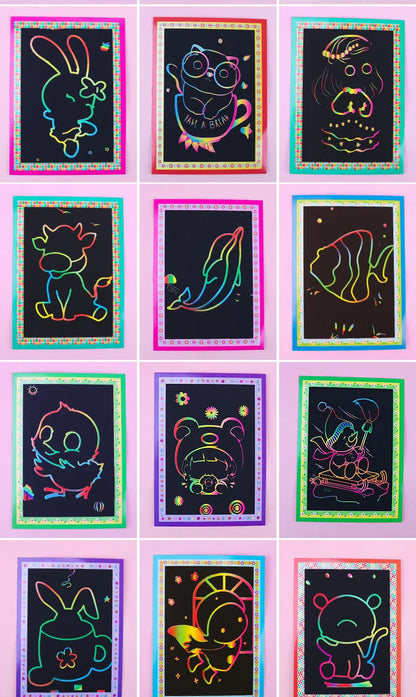 10Pcs Scratch Art Paper Magic Painting Paper with Drawing Stick Drawing Toys Kids Learning Educational Toys for Children Gifts